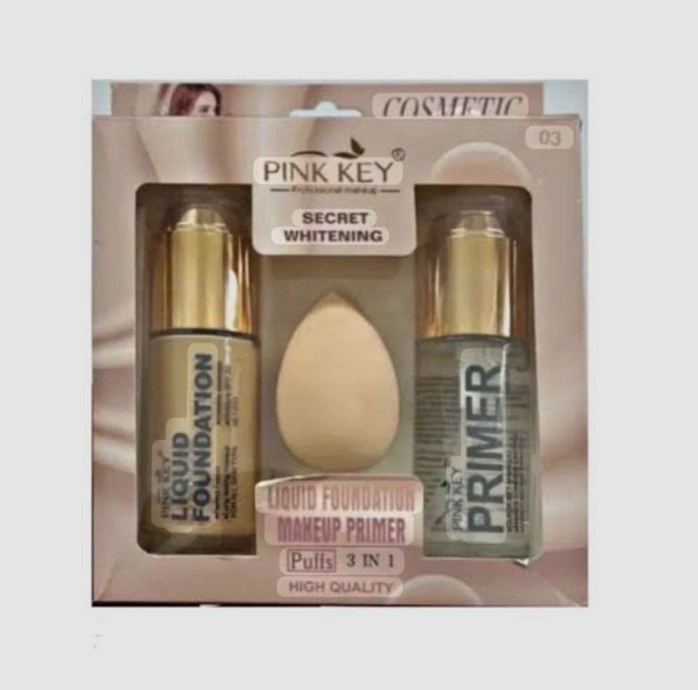 A makeup set consisting of foundation, liquid primer, and a blending sponge._thumbnail_4